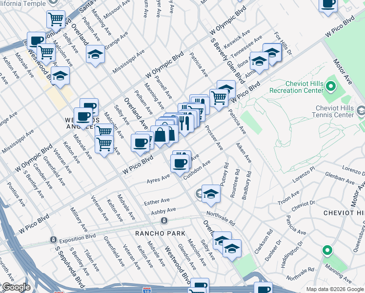 map of restaurants, bars, coffee shops, grocery stores, and more near 10650 West Pico Boulevard in Los Angeles