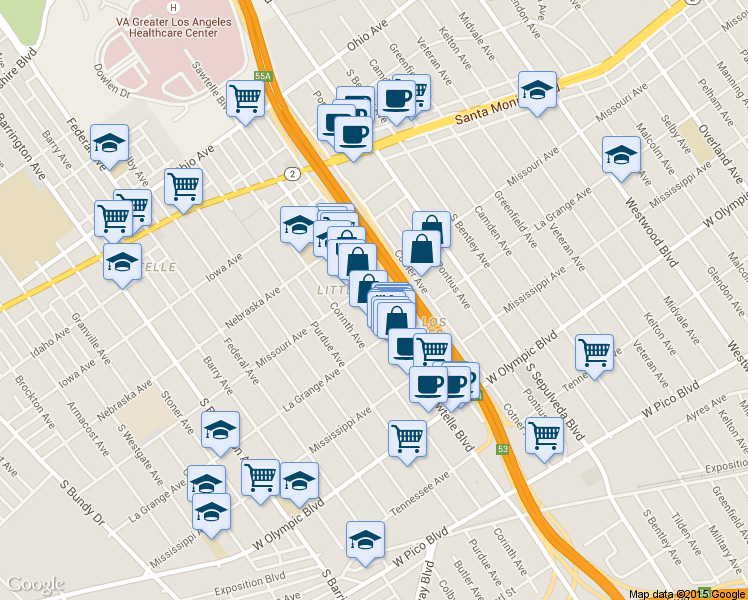map of restaurants, bars, coffee shops, grocery stores, and more near 1912 Sawtelle Boulevard in Los Angeles