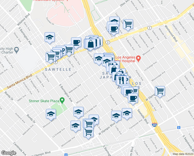 map of restaurants, bars, coffee shops, grocery stores, and more near 1816 Purdue Avenue in Los Angeles