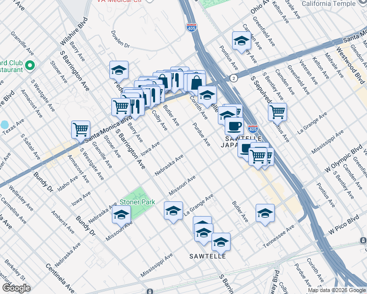 map of restaurants, bars, coffee shops, grocery stores, and more near 1724 Colby Avenue in Los Angeles