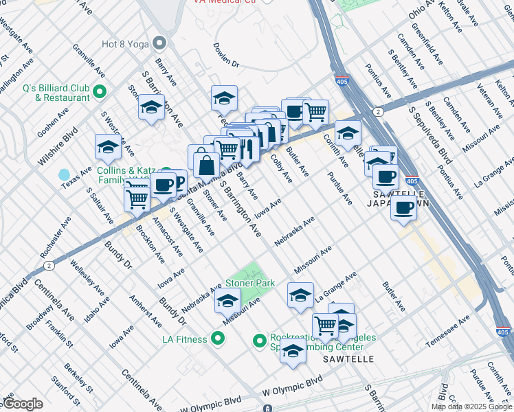 map of restaurants, bars, coffee shops, grocery stores, and more near 1626 Barry Avenue in Los Angeles