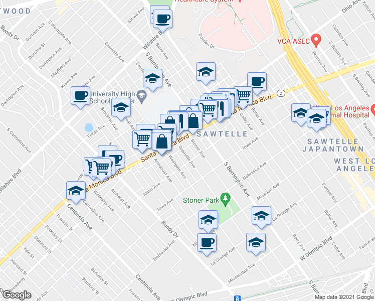 map of restaurants, bars, coffee shops, grocery stores, and more near 1527 Stoner Avenue in Los Angeles