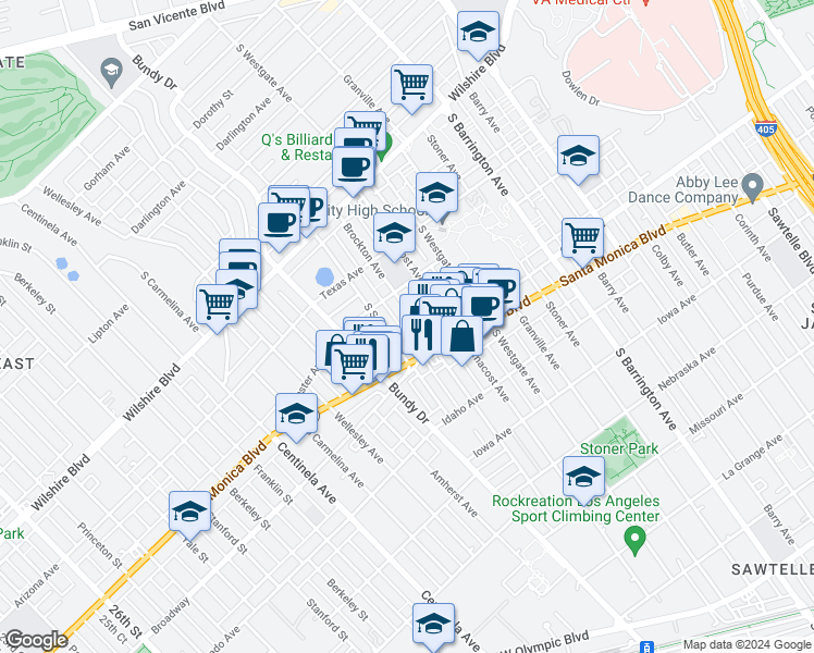 map of restaurants, bars, coffee shops, grocery stores, and more near 1427 Brockton Avenue in Los Angeles