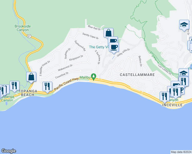 map of restaurants, bars, coffee shops, grocery stores, and more near 168 South Surfview Drive in Los Angeles