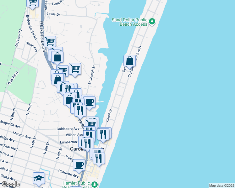 map of restaurants, bars, coffee shops, grocery stores, and more near 707 Carolina Beach Avenue North in Carolina Beach