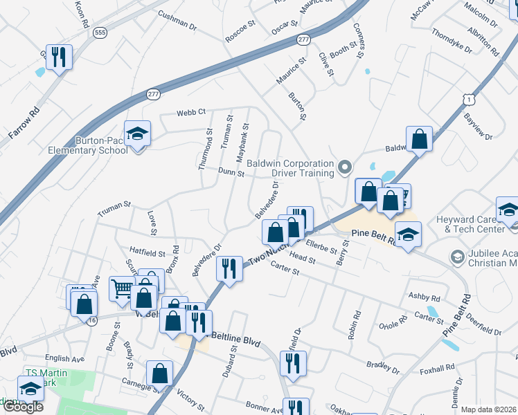 map of restaurants, bars, coffee shops, grocery stores, and more near 3412 Belvedere Drive in Columbia