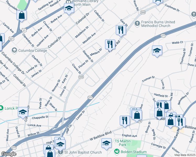 map of restaurants, bars, coffee shops, grocery stores, and more near 1713 Busby Street in Columbia