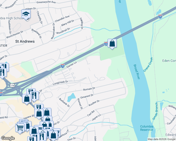 map of restaurants, bars, coffee shops, grocery stores, and more near 1701 Ashford Lane in Columbia