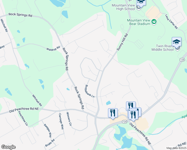 map of restaurants, bars, coffee shops, grocery stores, and more near 2487 Battery Pointe Northeast in Lawrenceville