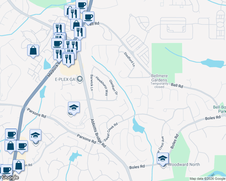 map of restaurants, bars, coffee shops, grocery stores, and more near 10740 Hawkhurst Way in Duluth