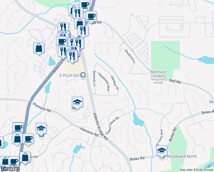 map of restaurants, bars, coffee shops, grocery stores, and more near 10705 Hawkhurst Way in Duluth
