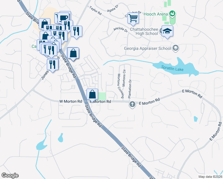 map of restaurants, bars, coffee shops, grocery stores, and more near 1407 Morningside Park Drive in Alpharetta