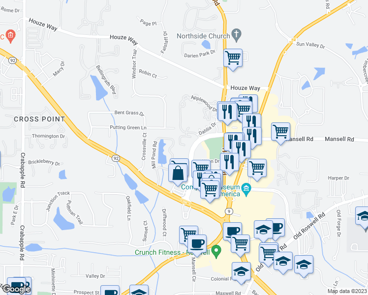map of restaurants, bars, coffee shops, grocery stores, and more near 628 Mansell Road in Roswell