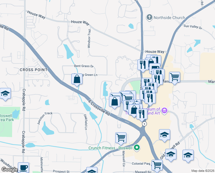 map of restaurants, bars, coffee shops, grocery stores, and more near 70 Mill Pond Road in Roswell