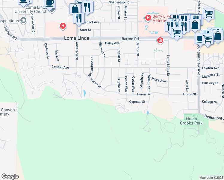 map of restaurants, bars, coffee shops, grocery stores, and more near 25134 Huron Street in Loma Linda