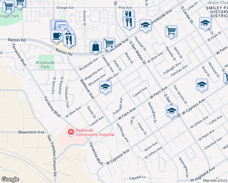 map of restaurants, bars, coffee shops, grocery stores, and more near 1318 San Pablo Avenue in Redlands