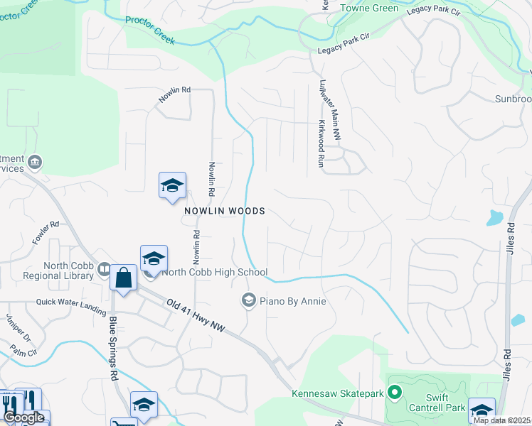 map of restaurants, bars, coffee shops, grocery stores, and more near 2873 Donamire Lane Northwest in Kennesaw