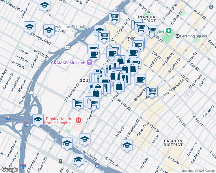 map of restaurants, bars, coffee shops, grocery stores, and more near 1029 South Grand Avenue in Los Angeles