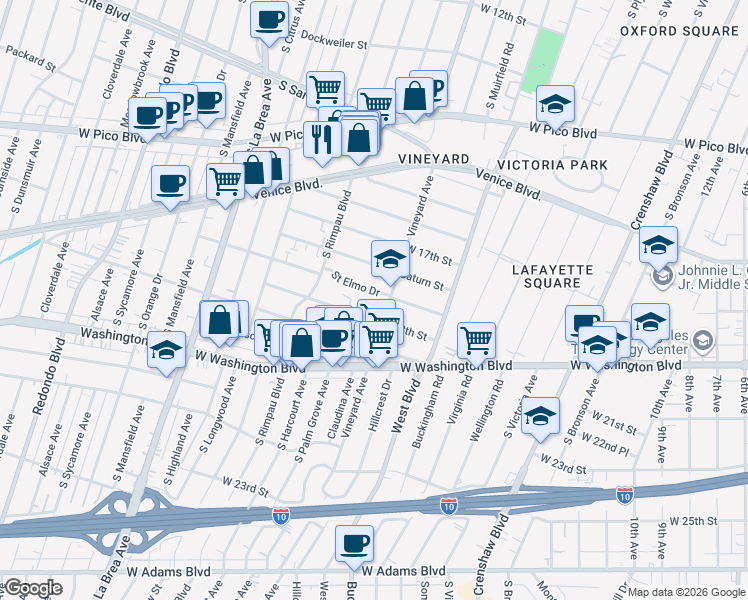 map of restaurants, bars, coffee shops, grocery stores, and more near 4616 Saint Elmo Drive in Los Angeles