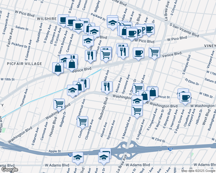map of restaurants, bars, coffee shops, grocery stores, and more near 1861 Redondo Boulevard in Los Angeles