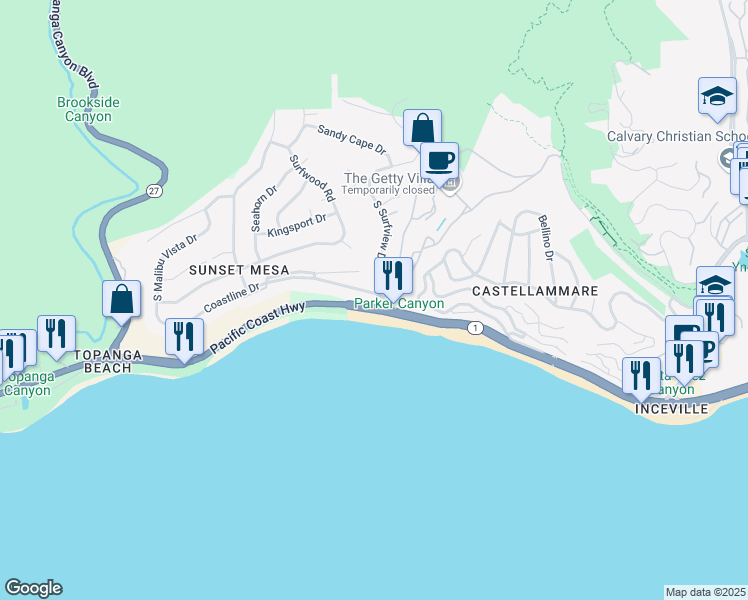 map of restaurants, bars, coffee shops, grocery stores, and more near 18000 Coastline Drive in Malibu