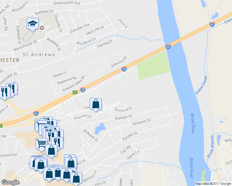 map of restaurants, bars, coffee shops, grocery stores, and more near 1701 Ashford Lane in Columbia