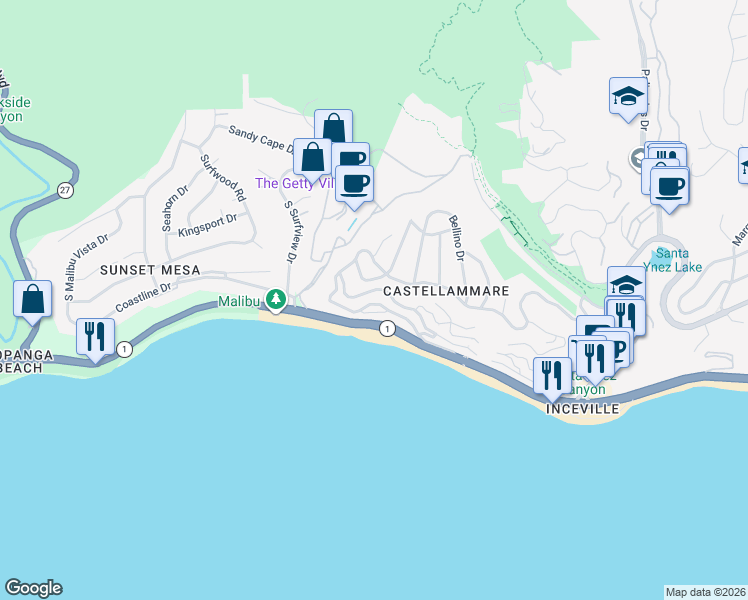 map of restaurants, bars, coffee shops, grocery stores, and more near 17845 Porto Marina Way in Los Angeles