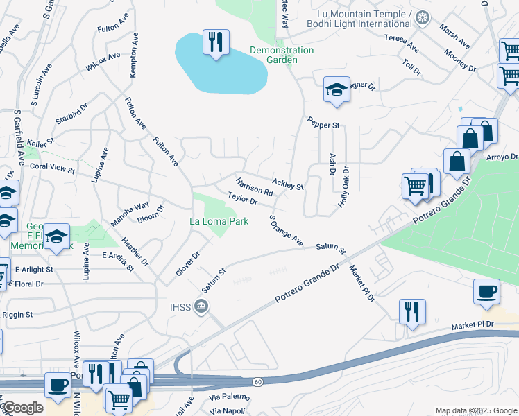 map of restaurants, bars, coffee shops, grocery stores, and more near 592 Taylor Drive in Monterey Park