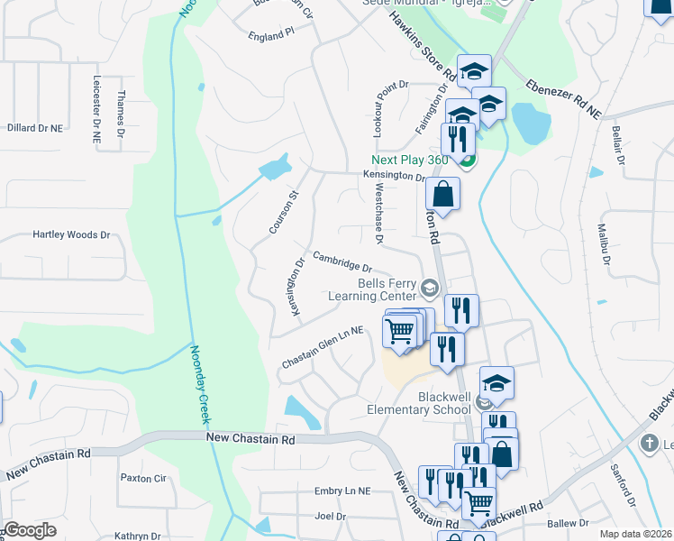 map of restaurants, bars, coffee shops, grocery stores, and more near 562 Cambridge Drive in Marietta