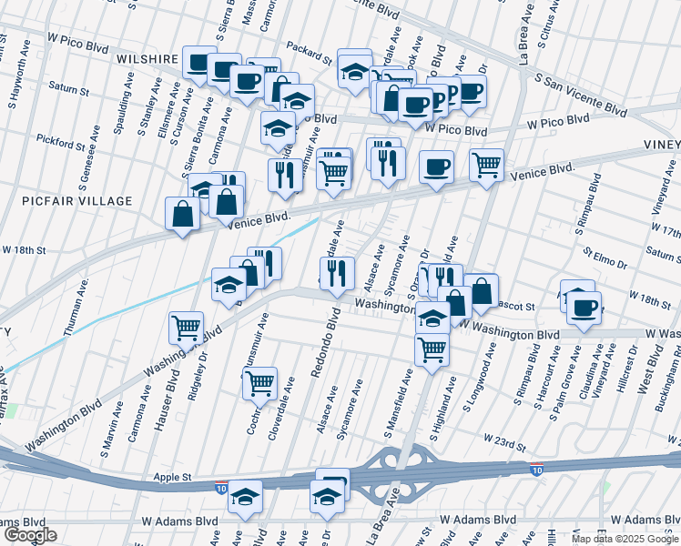 map of restaurants, bars, coffee shops, grocery stores, and more near 1861 Redondo Boulevard in Los Angeles