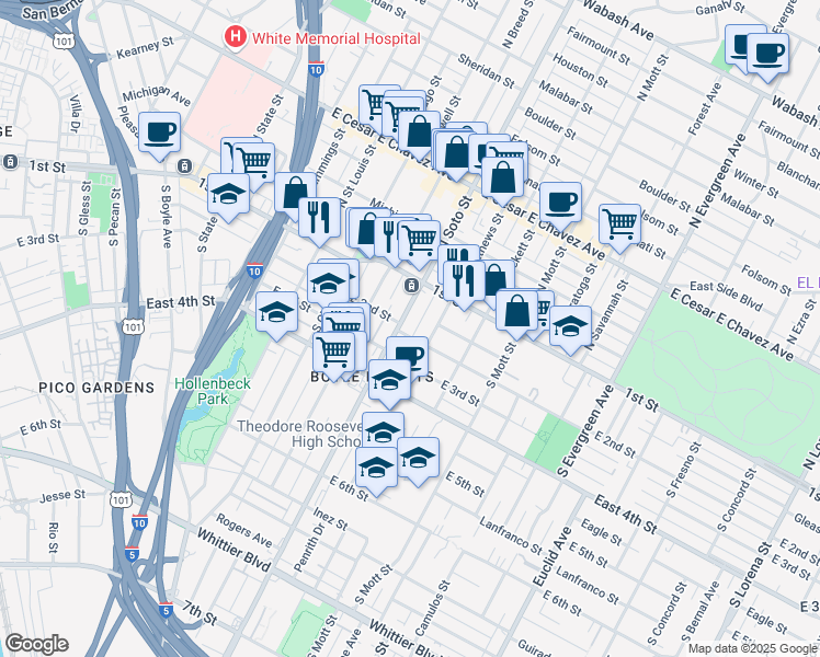 map of restaurants, bars, coffee shops, grocery stores, and more near 150 South Soto Street in Los Angeles