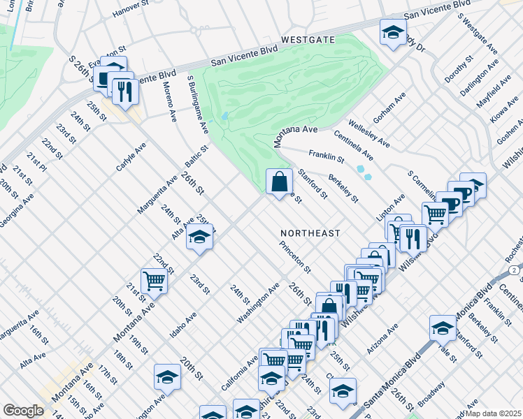 map of restaurants, bars, coffee shops, grocery stores, and more near 2714 Montana Avenue in Santa Monica