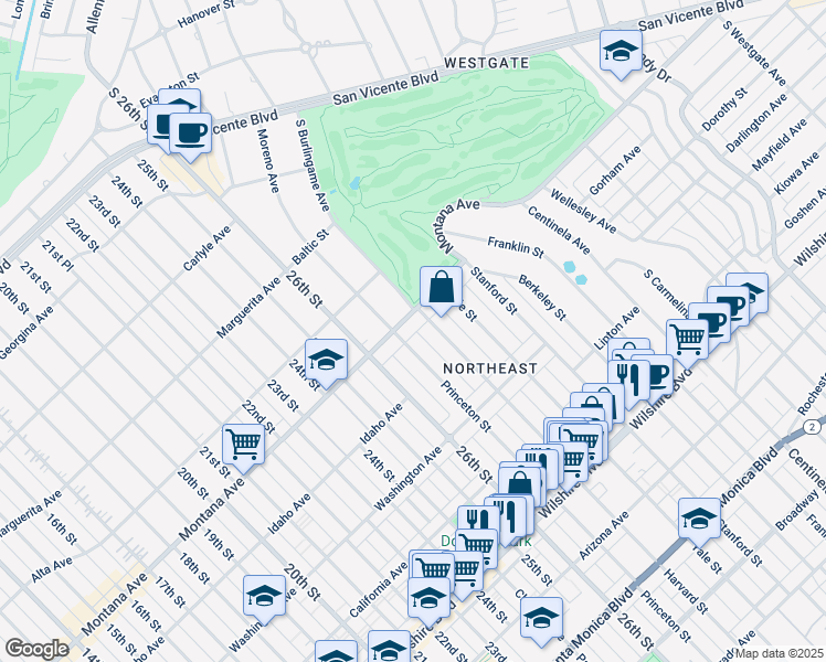 map of restaurants, bars, coffee shops, grocery stores, and more near 2714 Montana Avenue in Santa Monica