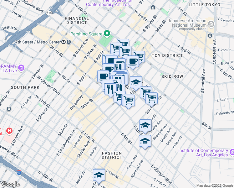 map of restaurants, bars, coffee shops, grocery stores, and more near 730 South Los Angeles Street in Los Angeles