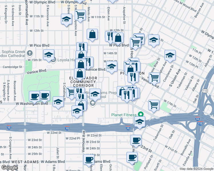 map of restaurants, bars, coffee shops, grocery stores, and more near 1733 South New England Street in Los Angeles