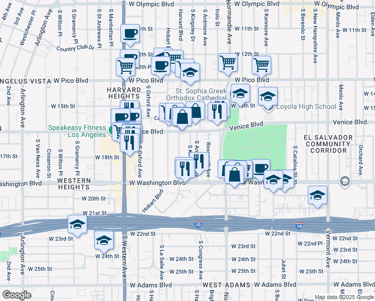 map of restaurants, bars, coffee shops, grocery stores, and more near 1715 South Kingsley Drive in Los Angeles