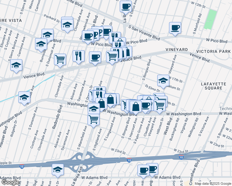 map of restaurants, bars, coffee shops, grocery stores, and more near 1751 South Highland Avenue in Los Angeles