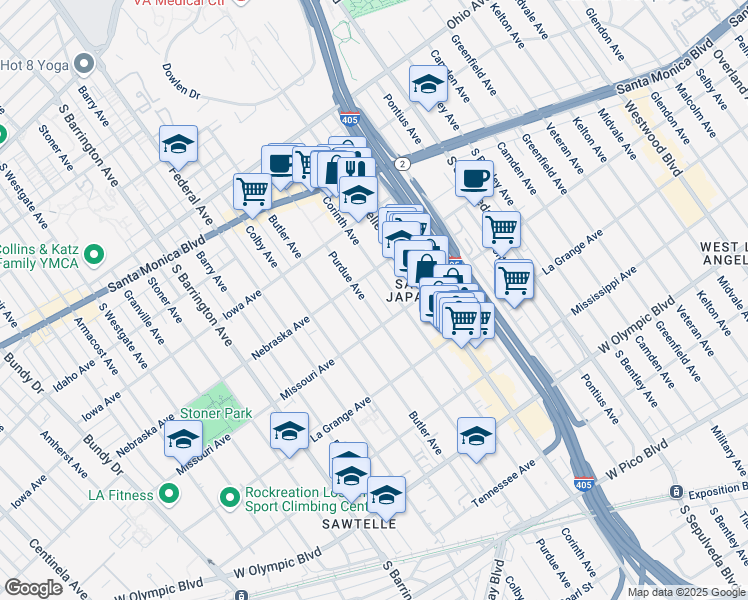 map of restaurants, bars, coffee shops, grocery stores, and more near 1816 Purdue Avenue in Los Angeles