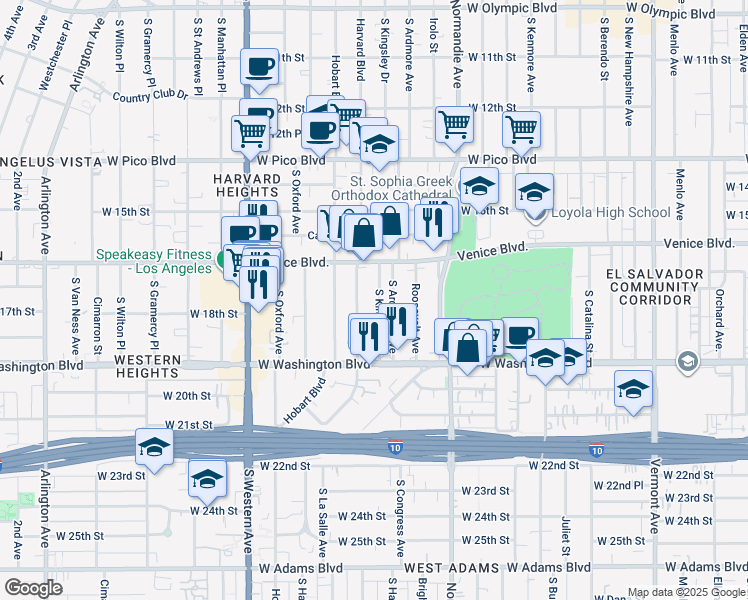 map of restaurants, bars, coffee shops, grocery stores, and more near 1715 South Kingsley Drive in Los Angeles