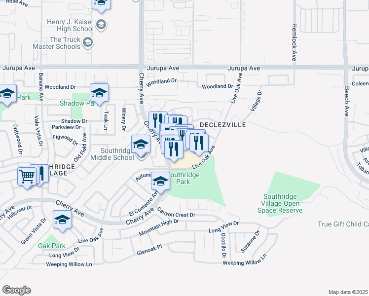 map of restaurants, bars, coffee shops, grocery stores, and more near 11623 Cherry Avenue in Fontana