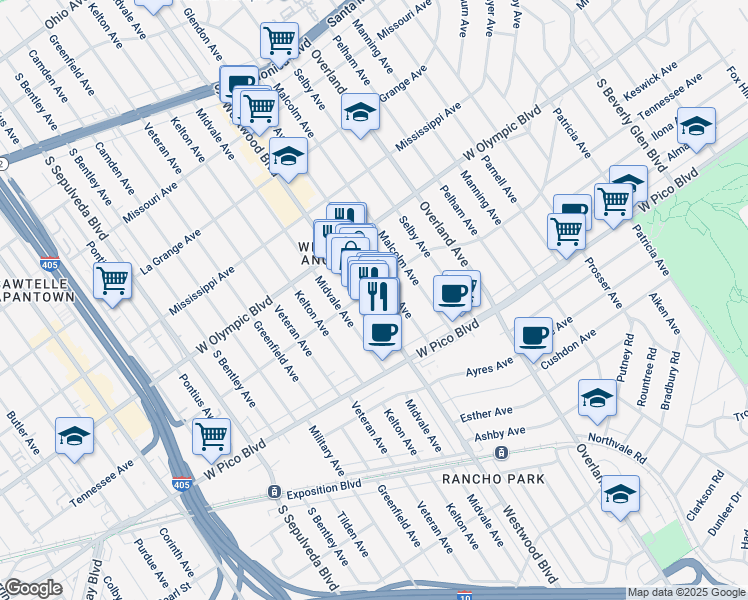map of restaurants, bars, coffee shops, grocery stores, and more near 2311 Glendon Avenue in Los Angeles