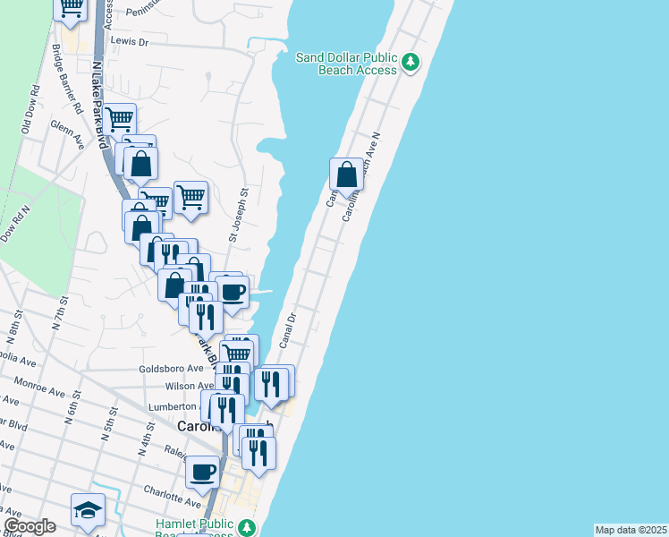 map of restaurants, bars, coffee shops, grocery stores, and more near 707 Carolina Beach Avenue North in Carolina Beach