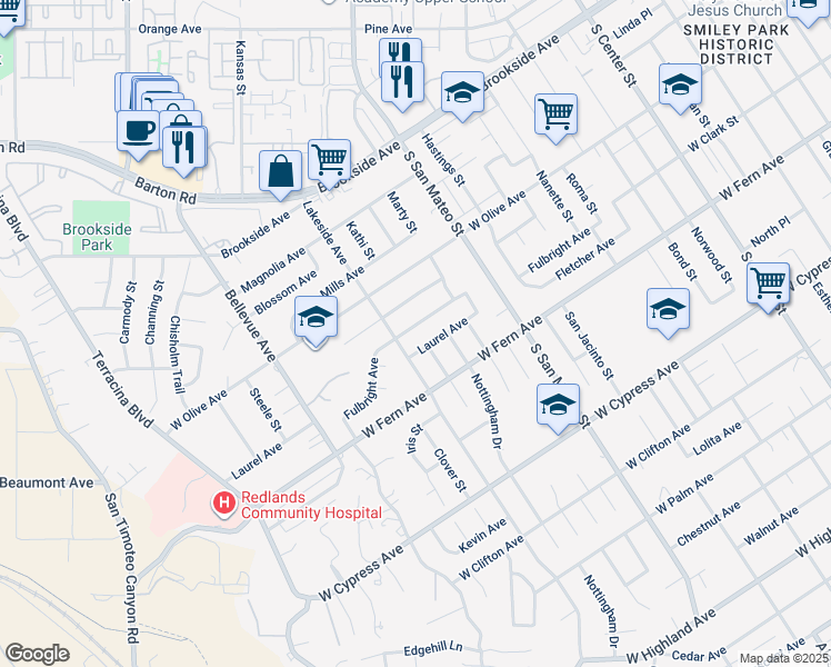 map of restaurants, bars, coffee shops, grocery stores, and more near 1247 Fulbright Avenue in Redlands