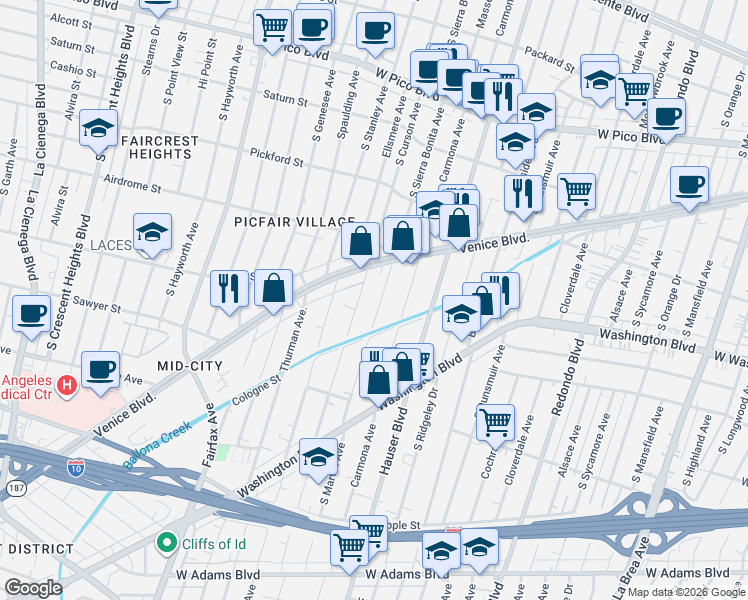 map of restaurants, bars, coffee shops, grocery stores, and more near 1749 South Marvin Avenue in Los Angeles