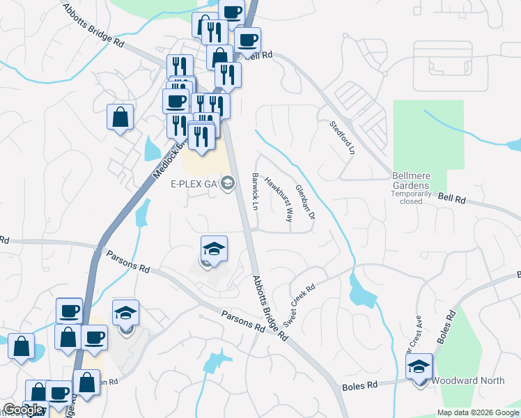 map of restaurants, bars, coffee shops, grocery stores, and more near 455 Leasingham Way in Duluth