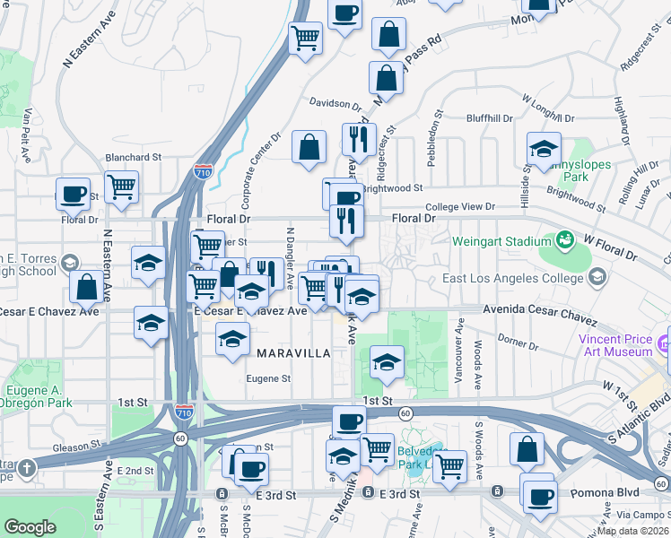 map of restaurants, bars, coffee shops, grocery stores, and more near 4766 East Hammel Street in East Los Angeles