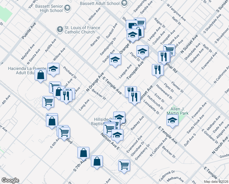 map of restaurants, bars, coffee shops, grocery stores, and more near 559 Tonopah Avenue in La Puente