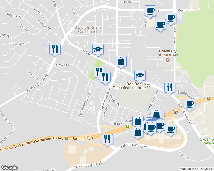 map of restaurants, bars, coffee shops, grocery stores, and more near 8163 West Arroyo Drive in Rosemead