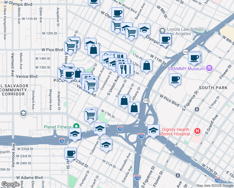 map of restaurants, bars, coffee shops, grocery stores, and more near 1414 South Union Avenue in Los Angeles