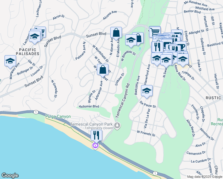 map of restaurants, bars, coffee shops, grocery stores, and more near 516 El Medio Avenue in Los Angeles